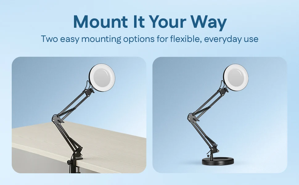 The lamp attached with a desk clamp and placed on its freestanding base