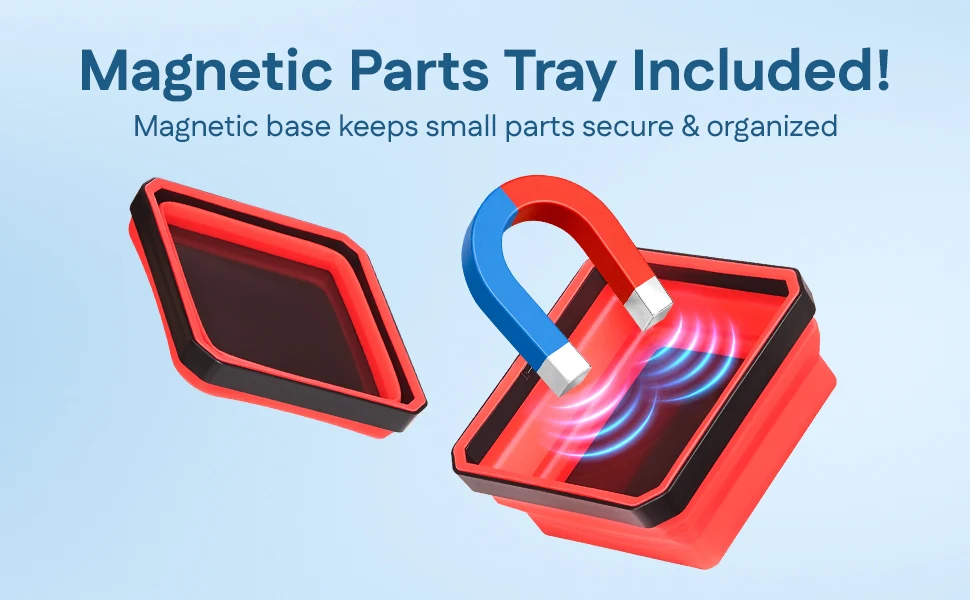 Included red magnetic parts tray holding small metal screws and parts