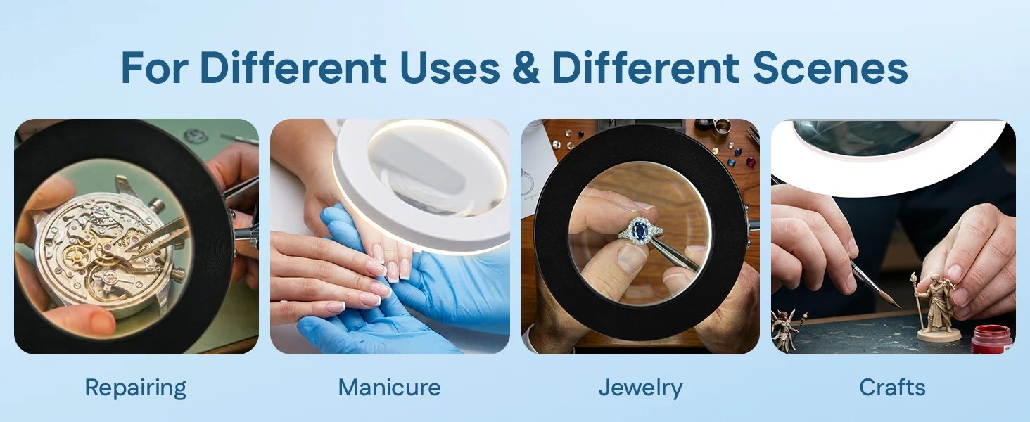 Magnified close-up examples of repairing, manicure, jewelry and crafts